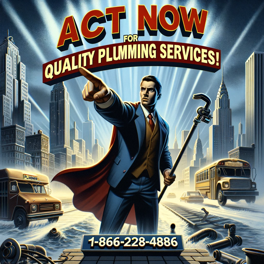 Emergency Plumber Queens - Dynamic plumber in professional gear pointing to contact information, 1-866-228-4886, against a Queens, NY backdrop, conveying urgency and reliability for emergency plumbing services