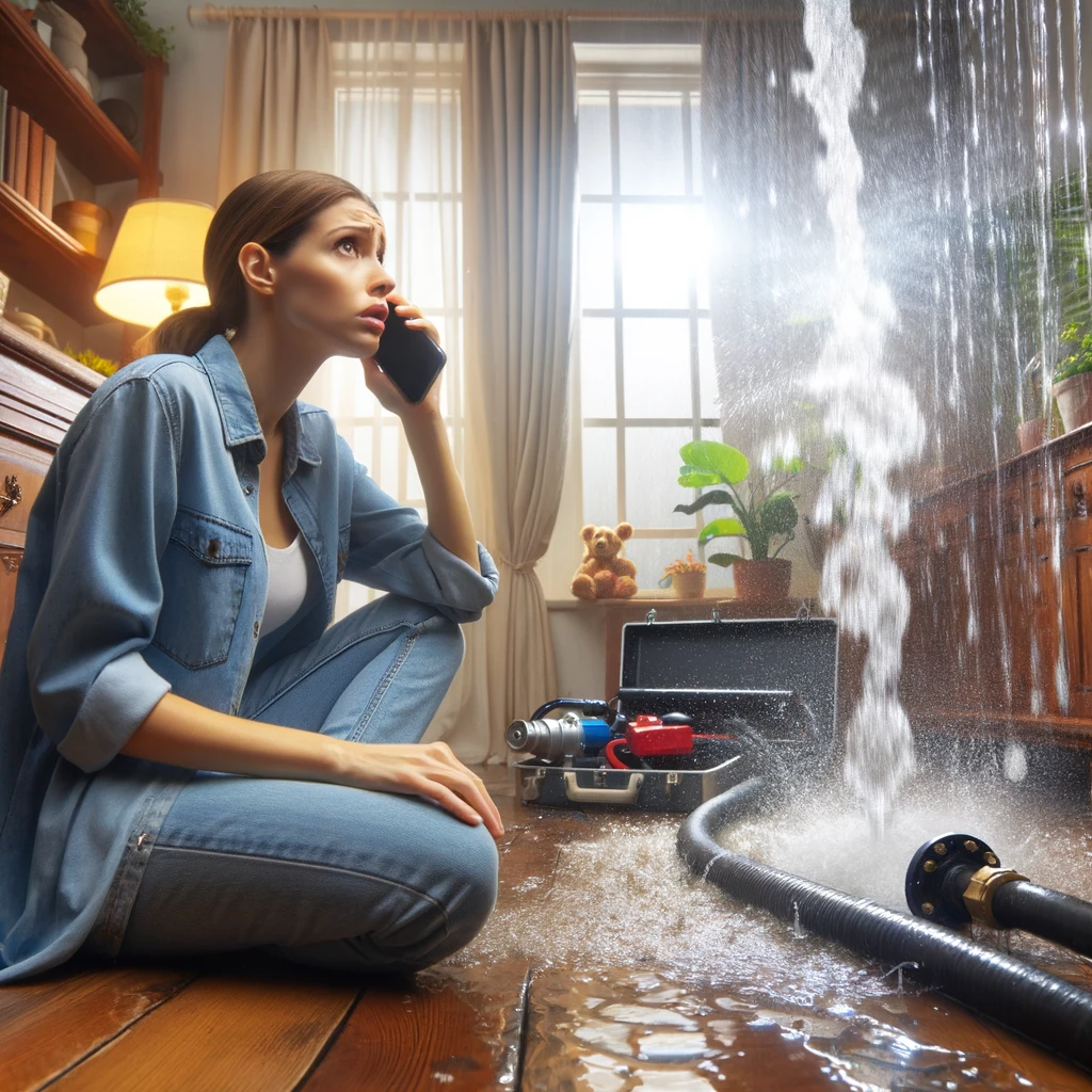 Emergency Plumber Queens - Woman in her home urgently calling a plumber, looking anxiously at a severe water leak from a burst pipe, highlighting the need for immediate professional plumbing assistance in a residential setting