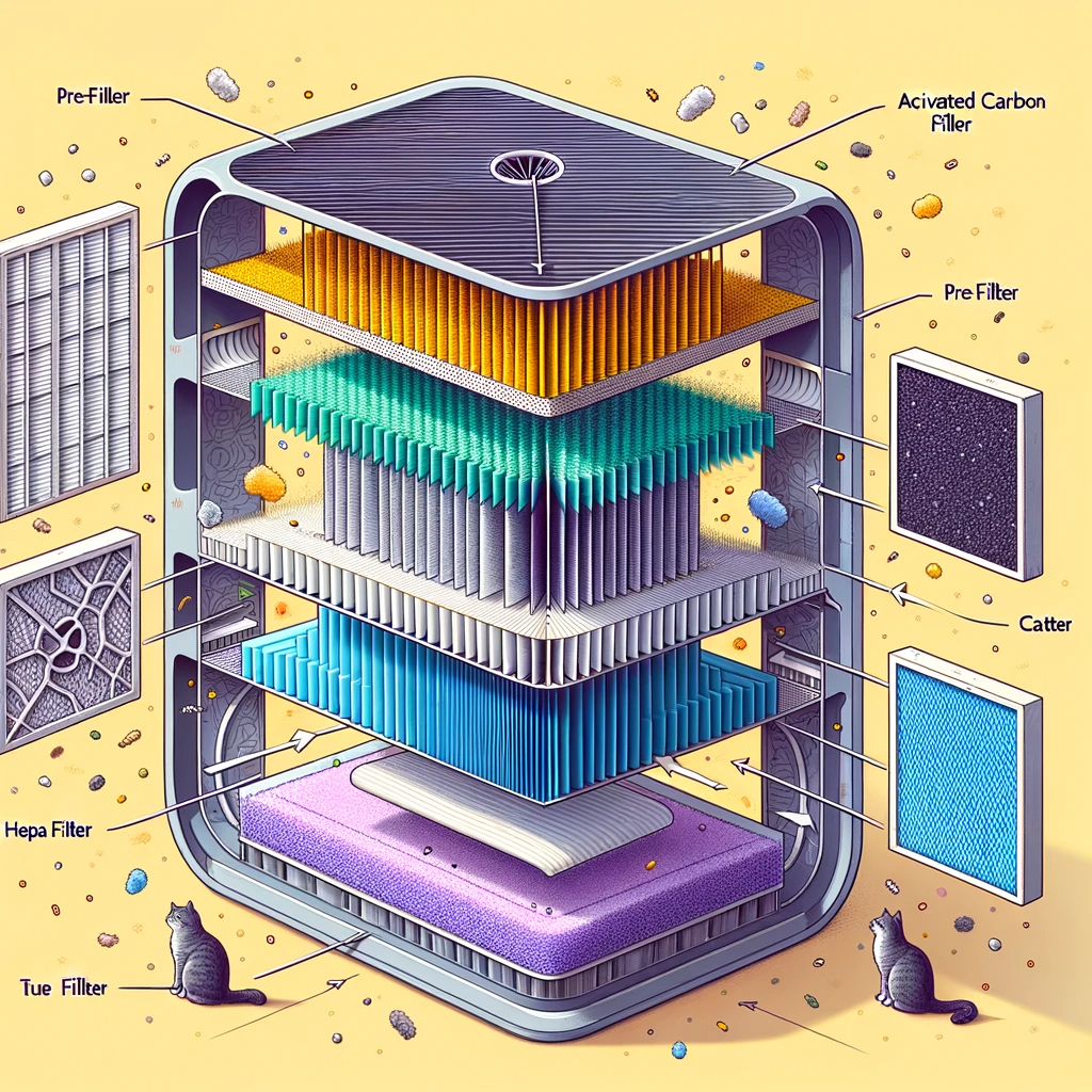 Cutaway diagram of True HEPA air purifier showcasing multi-stage filtration capturing cat litter dust and allergens.
