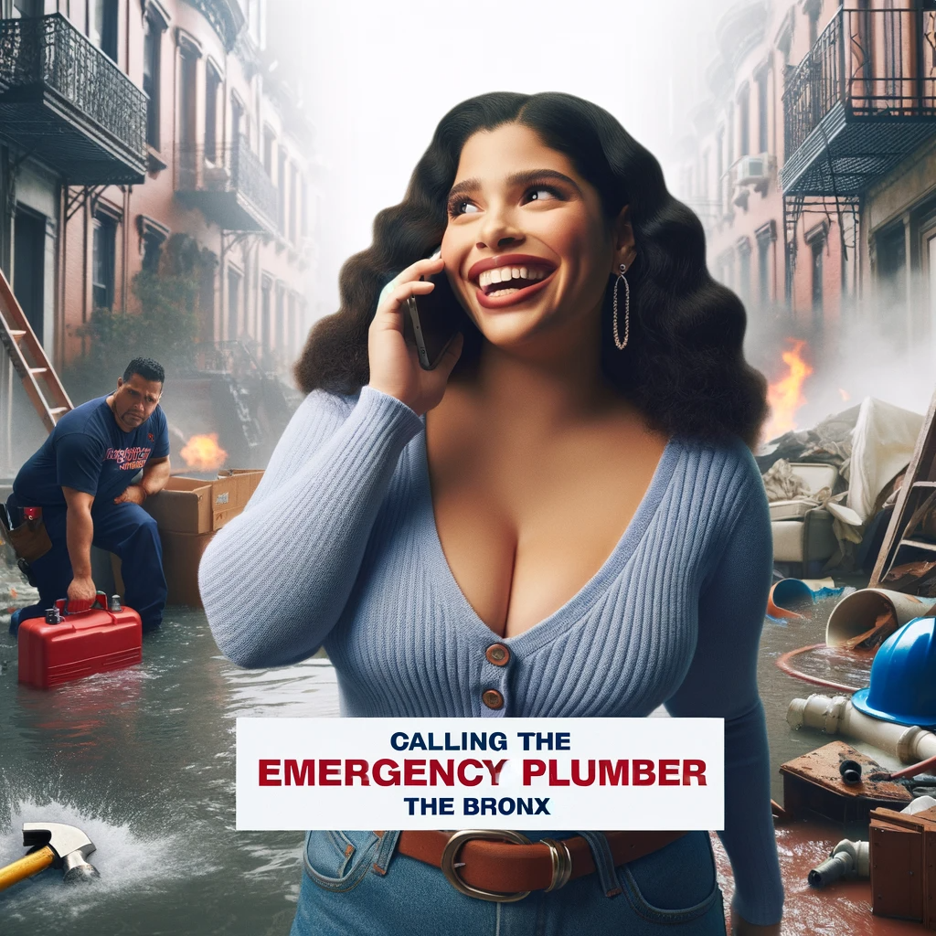 Distressed Latina woman with curvy figure calling emergency plumber in chaotic Bronx home, smiling with relief on phone