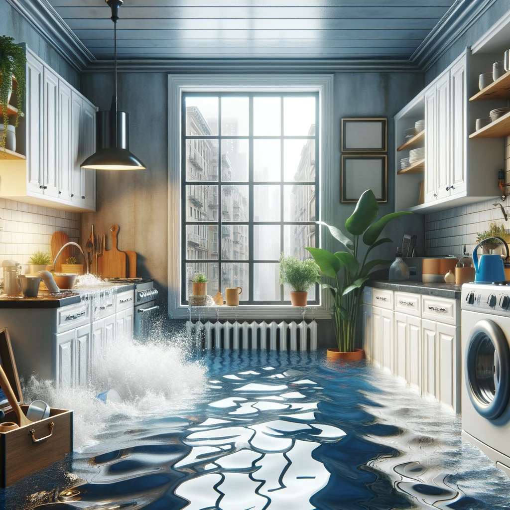 Flooded Bronx kitchen with burst pipe, highlighting the urgency of emergency plumbing services