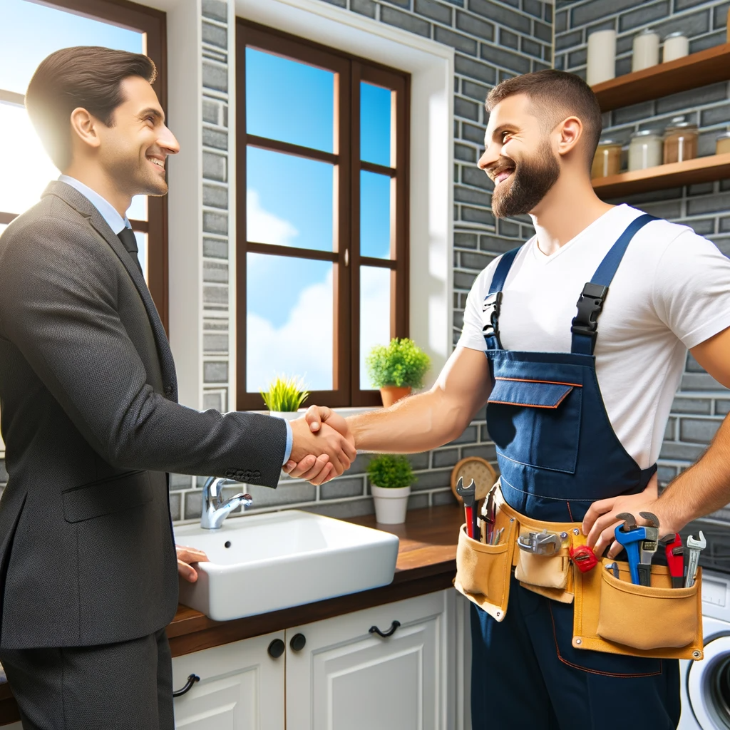 Satisfied Bronx homeowner shaking hands with a professional plumber, symbolizing successful plumbing service