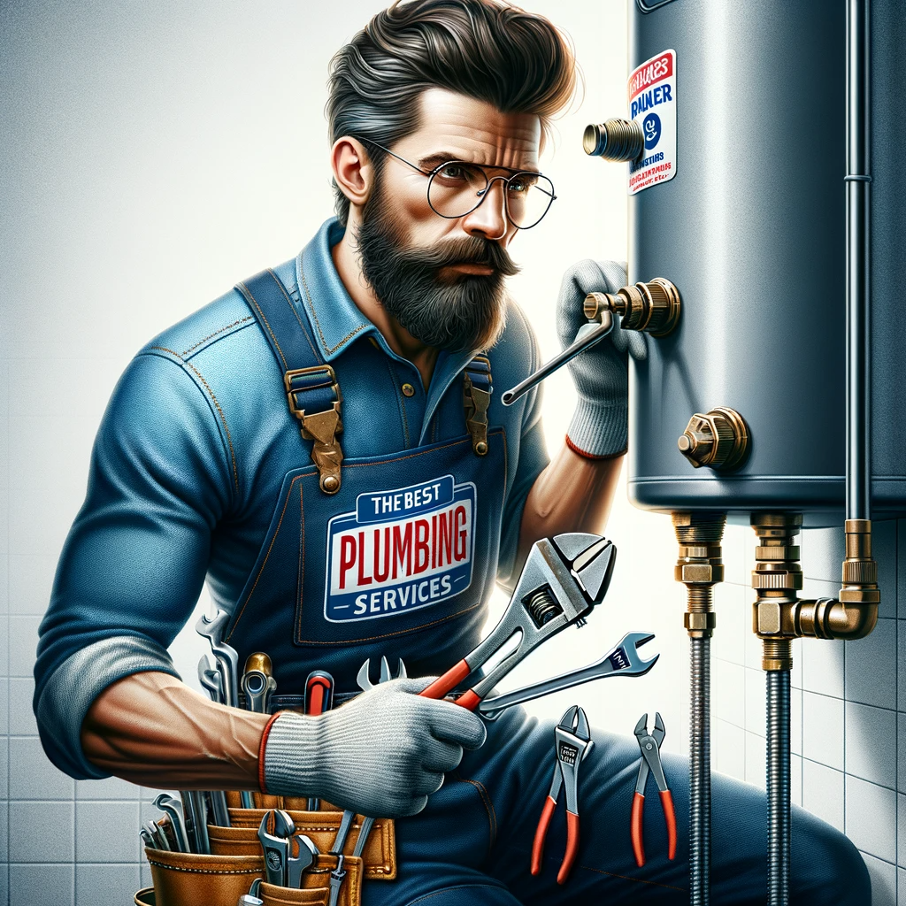 Professional plumber from The Best Plumbing Services repairing a water heater, showcasing expertise and reliability