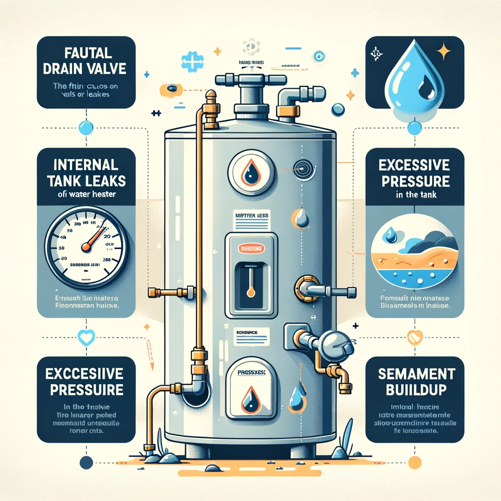 Water Heater Leaking from Bottom- Infographic detailing common causes of water heater leaks, including faulty valves and sediment buildup