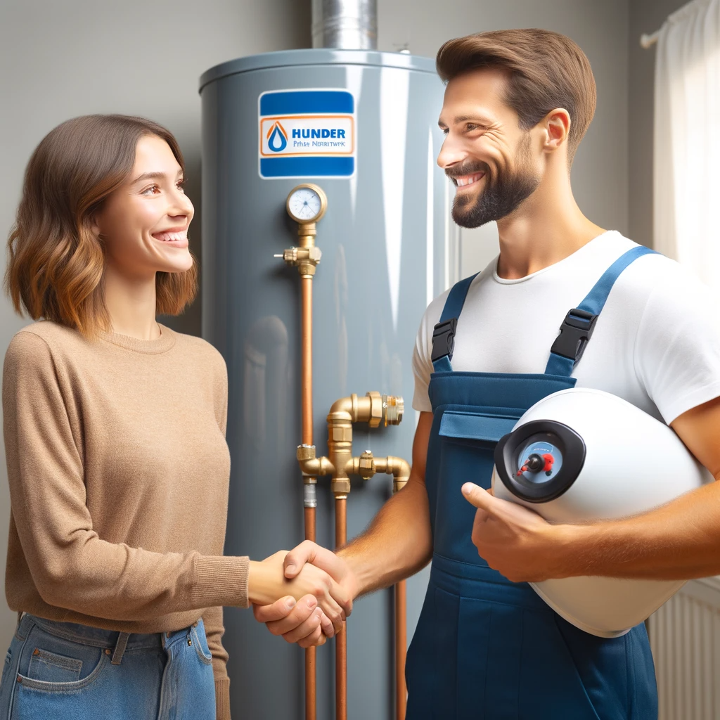 Satisfied homeowner shaking hands with a plumbing technician after successful water heater leak repair